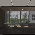 Modern Elegant Leisure Area With Large Windows Pendant Lights Marble Countertop Chairs Greenery And Artwork