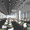 Spacious Cafeteria Interior With Long Dining Tables Ceiling Light Strips And Food Serving Counters 3d model