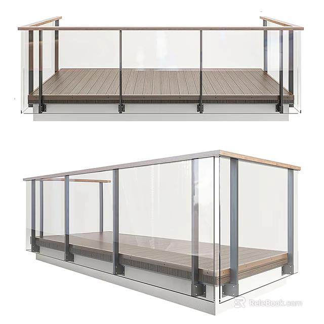 Modern Glass Railing Design With Wooden Deck And Metal Frame For Balcony 3d model 