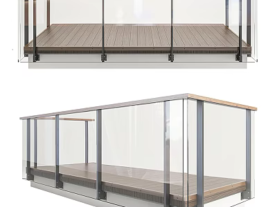 Modern Glass Railing Design With Wooden Deck And Metal Frame For Balcony 3d model