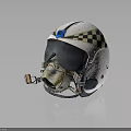 White Aviator Helmet With Blue And White Checkered Pattern Face Mask And Metallic Parts