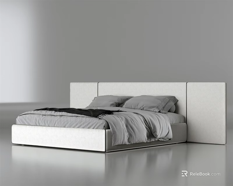 Modern Double Bed With Minimalist White Headboard And Gray Bedding in Contemporary Bedroom 3d model 
