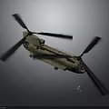 Military Khaki Twin Rotor Helicopter Flying With Rotating Rotors Against Grey Background