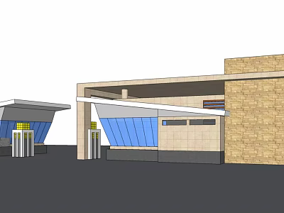 Modern Entrance Gate Design With Stone Brick Wall And Blue Glass Panels 3d model