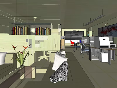 Modern Office Interior Design With Bookshelves Desks Computers And Potted Plants 3d model