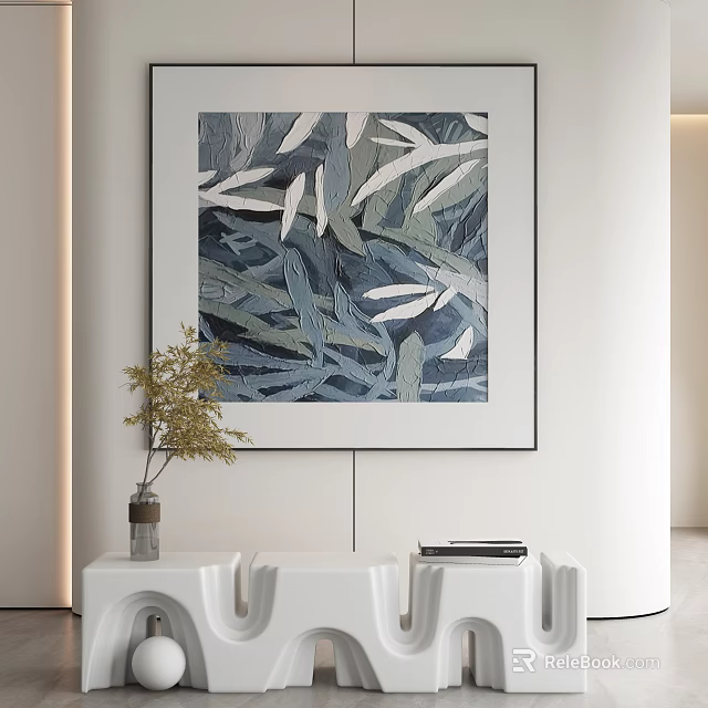 Blue Green Leaf Pattern Wall Art Decor With Potted Plant On White Console Table 3d model