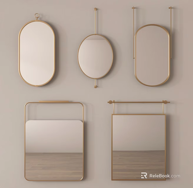 Multiple Decorative Gold Framed Oval Rectangular Mirrors Wall Mounted On Light Wall 3d model