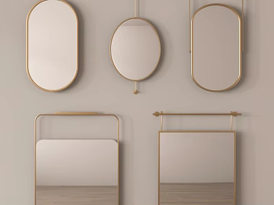 Multiple Decorative Gold Framed Oval Rectangular Mirrors Wall Mounted On Light Wall 3d model