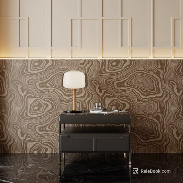 Modern Dark Nightstand With Table Lamp On Wooden Patterned Wall Background 3d model 