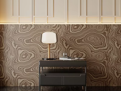 Modern Dark Nightstand With Table Lamp On Wooden Patterned Wall Background 3d model