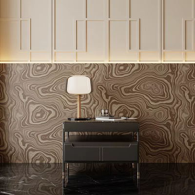 Modern Dark Nightstand With Table Lamp On Wooden Patterned Wall Background 3d model
