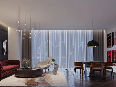 Hotel Mahjong Room Modern Interior With Red Sofa White Chair Round Coffee Table And Chandelier 3d model