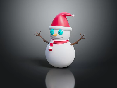Cute Snowman Ornament With Red Santa Hat Blue Eyes And Striped Scarf 3d model