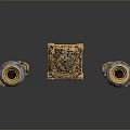 Three Blue Sculpture Carvings With Golden Decorations And Intricate Patterns On Base