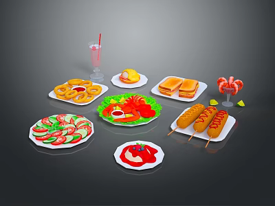 Delicious Assorted Food Platter With Donuts Sandwiches Hot Dogs Salad Shrimp Skewers And Pink Drink 3d model