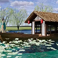 Traditional Wooden Boat With Thatched Roof And Red Lanterns On Lotus Covered Water