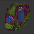 Cartoon Scene With Two Towers Small House Blue Roof Colorful Grass And Glowing Areas
