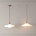 Two Modern Pendant Lights Hanging On Gray Wall With White Dome Shades