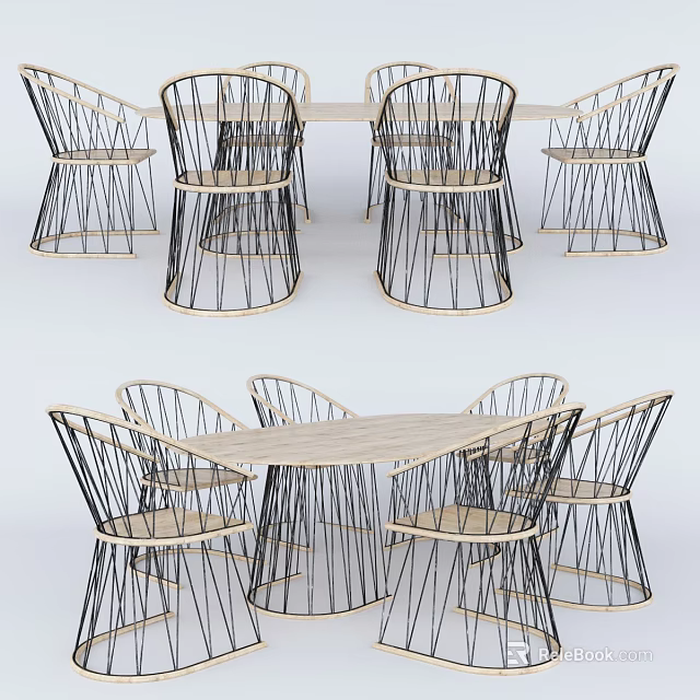 Modern Dining Table Set With Wire Frame Chairs And Wooden Tabletop Design 3d model