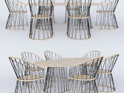 Modern Dining Table Set With Wire Frame Chairs And Wooden Tabletop Design 3d model