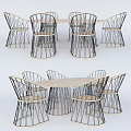 Modern Dining Table Set With Wire Frame Chairs And Wooden Tabletop Design 3d model