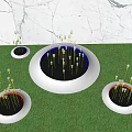 Outdoor Lights Slim Pole Top Glowing On Grass Lawn Water Pools And Marble Wall Background