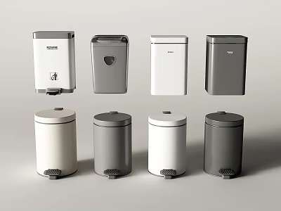 Stylish Household Trash Bins In White And Gray With Foot Pedal And Lid Designs 3d model