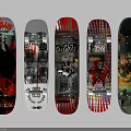 Various Graphic Skateboard Decks With Different Artwork Designs And Prints 3d model