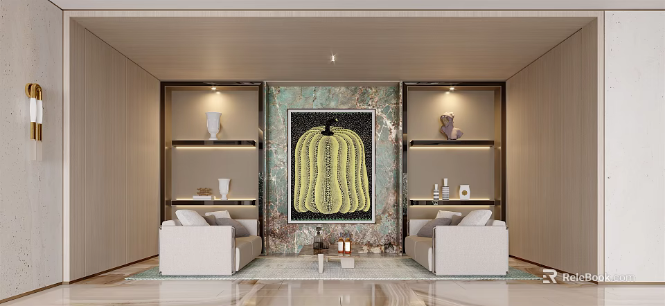 Elegant Modern Leisure Area With Beige Sofas Green Pumpkin Artwork Decorative Shelves And Rug 3d model 