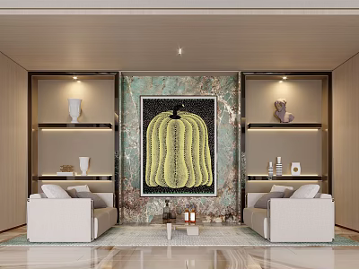 Elegant Modern Leisure Area With Beige Sofas Green Pumpkin Artwork Decorative Shelves And Rug 3d model