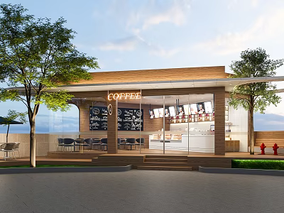 Modern Coffee Shop Storefront With Wooden Roof Glass Walls Outdoor Seating And Coffee Signboard 3d model