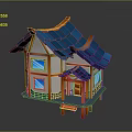 Cartoon House Scene with Blue Roof Orange Trim White Walls Windows and Small Steps