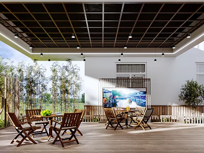Cozy Outdoor Leisure Area With Wooden Tables Chairs Pendant Lights And Green Bamboo Plants 3d model