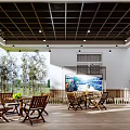Cozy Outdoor Leisure Area With Wooden Tables Chairs Pendant Lights And Green Bamboo Plants