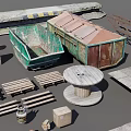 Scene Building Components Collection With Small Shed Stone Slabs Wooden Planks And Metal Structures