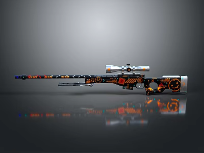 Custom Sniper Rifle Design With Colorful Patterns And Scope On Reflective Surface 3d model