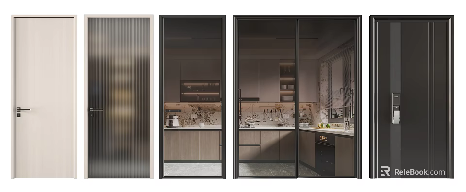 Elegant Modern Kitchen Interior With Glass Swing Door And Marble Counter Cabinets 3d model 