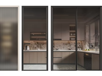 Elegant Modern Kitchen Interior With Glass Swing Door And Marble Counter Cabinets 3d model