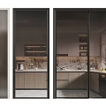 Elegant Modern Kitchen Interior With Glass Swing Door And Marble Counter Cabinets