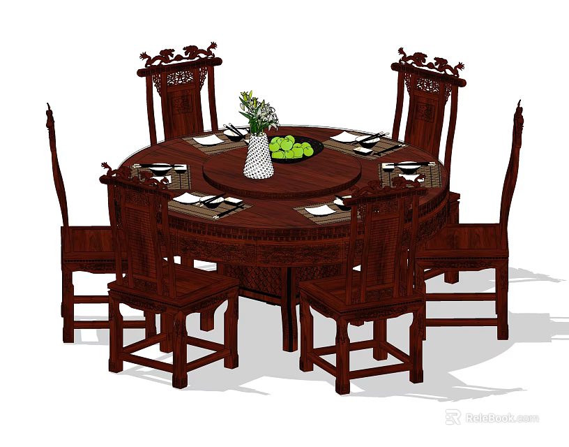 Classic Dark Wood Round Dining Table Set with Four Carved Chairs and Tableware 3d model