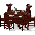 Classic Dark Wood Round Dining Table Set with Four Carved Chairs and Tableware 3d model