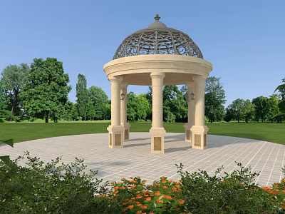 Ornate Dome Pavilion In Garden With Stone Columns And Lush Green Landscape 3d model