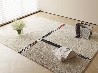 Beige Square Area Rug with Geometric Stripes on Wooden Floor Featuring Vase and Magazine Basket 3d model