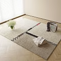 Beige Square Area Rug with Geometric Stripes on Wooden Floor Featuring Vase and Magazine Basket