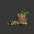 Fresh Colorful Vegetables in Wicker Basket with Scattered Carrots Bell Peppers and Broccoli