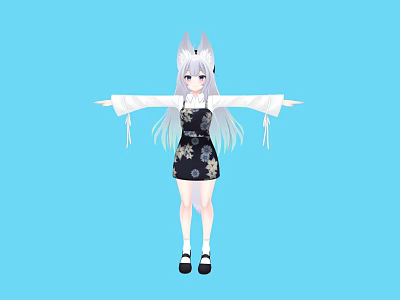 Woman In Black Floral Dress With White Fox Ears And Light Blue Long Hair 3d model