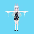 Woman In Black Floral Dress With White Fox Ears And Light Blue Long Hair