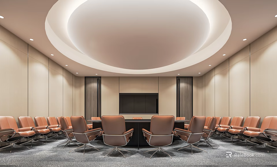 Modern Conference Room Interior With Circular Ceiling Light Long Table Brown Chairs And Gray Carpet 3d model