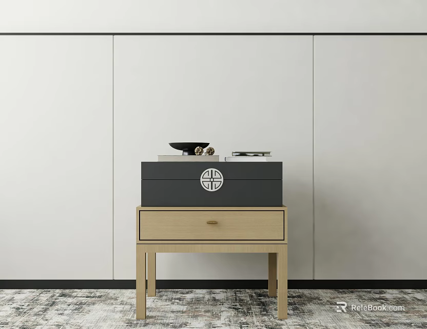 Wooden Side Table With Dark Box And Circular White Logo On Light Wall Background 3d model