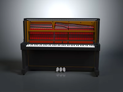 Upright Piano With Red Interior Components Black And White Keys And Pedals 3d model